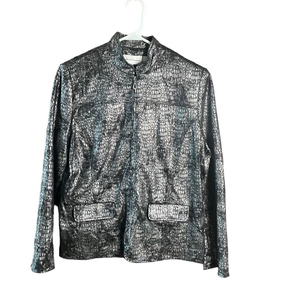 Alfred Dunner Jacket Metallic Silver Womens Size 10 Black Zip Up Lightweight